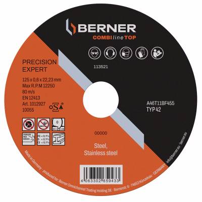 Сверхтонкий отрезной диск для стали и нержавейки 125*0.6*22,23 мм Berner